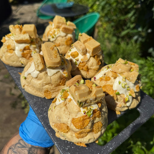 Salted Blond Choc, Pistachio, Shortbread + Cornflake Stuffed Cookies